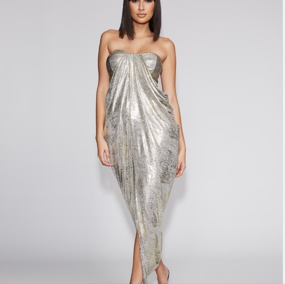 New York & Company Dresses & Skirts - Silver/Gold Gabrielle Union strapless draped party dress  NWT